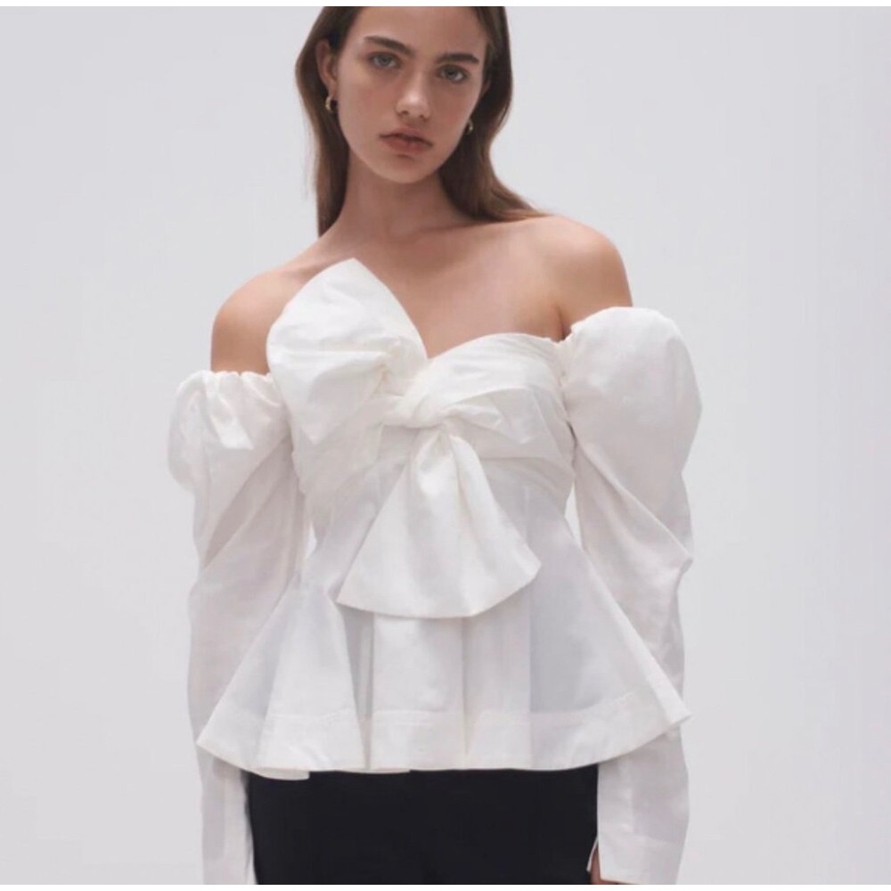 Aje Valentina Bow Off Shoulder Top AU 8 US 4 White Cotton Puff Sleeve Statement